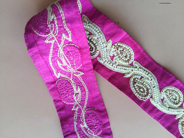 Fuchsia Pink Trim With White Pearl Beads And Beige And Gold Embroidery, Approx. 44.5 mm Wide - 200317L530